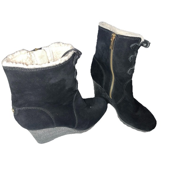 Michael Kors Rory Black Suede Wedge Boots size 8 1/2M Zip And Lace formal MK - Picture 2 of 9